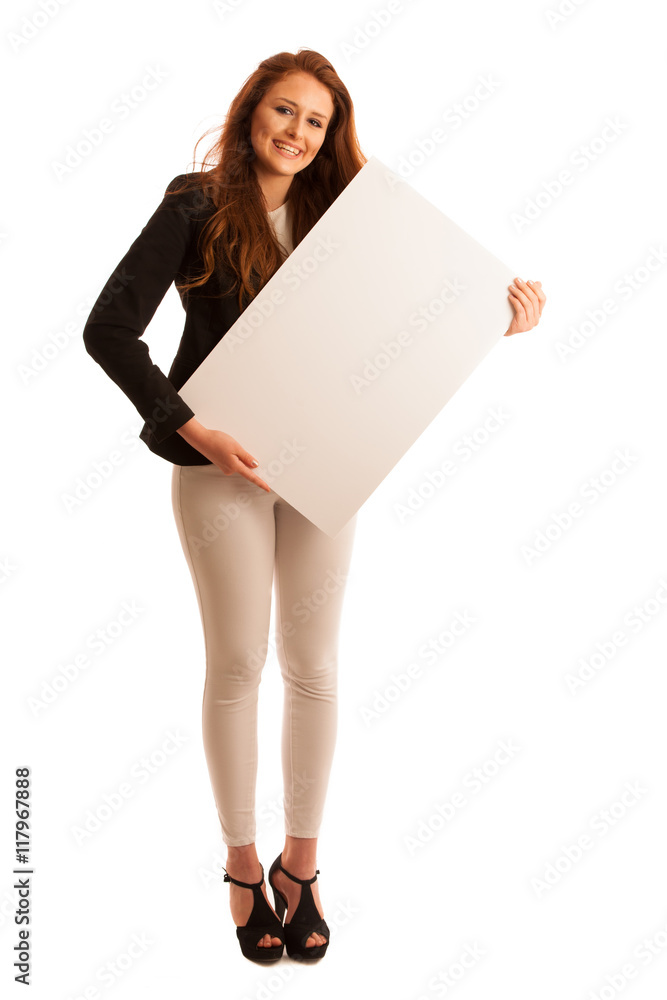 Sign board. Woman holding big white blank card. Positive emotion Sign board. Woman holding big white blank card. Positive emotion
