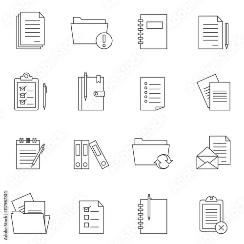 Outline document notes icon set isolated on white background