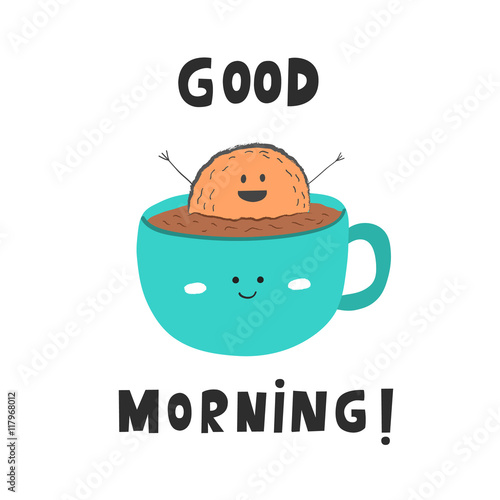 Good Morning card, biscuit taking a bath in a cup of coffee, vec