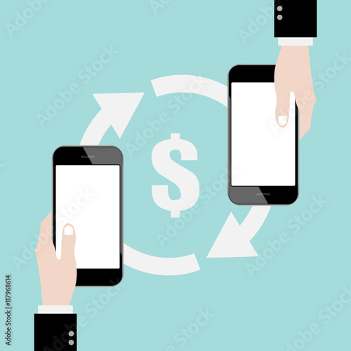 Money transfer sign with hand and smart phone blank white screen. online shopping. mobile banking. Flat design business financial online marketing banking commerce vector concept cartoon illustration.