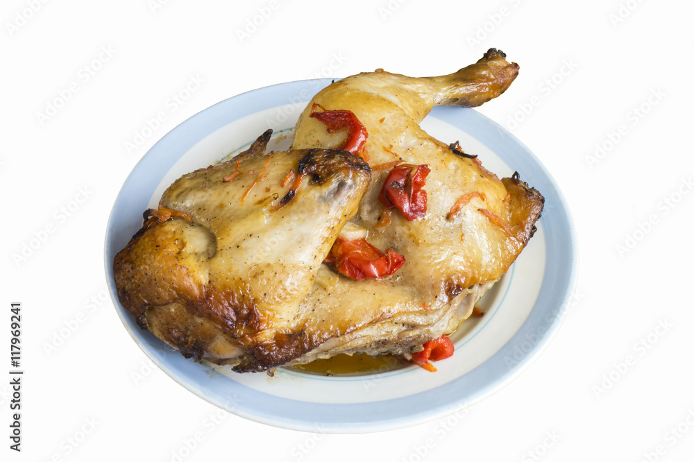Roasted meat of the hen in plate on table Roasted meat of the hen in plate on table