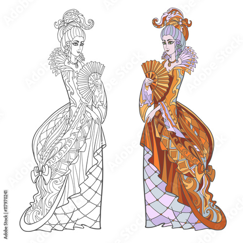 Hand drawing for adult color book. Linear outline and sample coloring. Court lady or princess in old dress with ruffles.