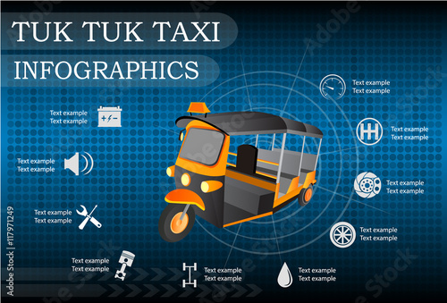 Tuk Tuk taxi car Thailand service, repair Infographics. Vector i