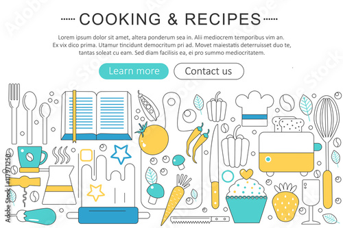 Vector elegant thin line flat modern Cooking and kitchen recipes concept. Website header banner elements layout. Presentation, flyer and poster.