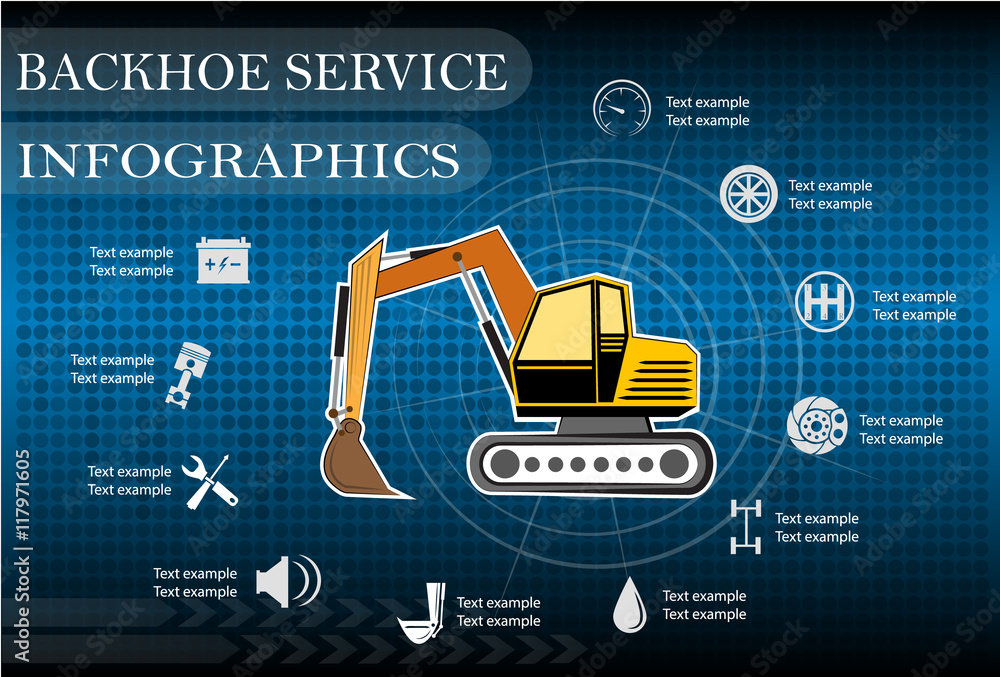 Backhoe service, repair Infographics. vector illustration