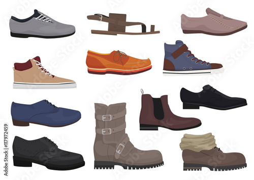 Men boots isolated set. Male man season shoes icons collection.