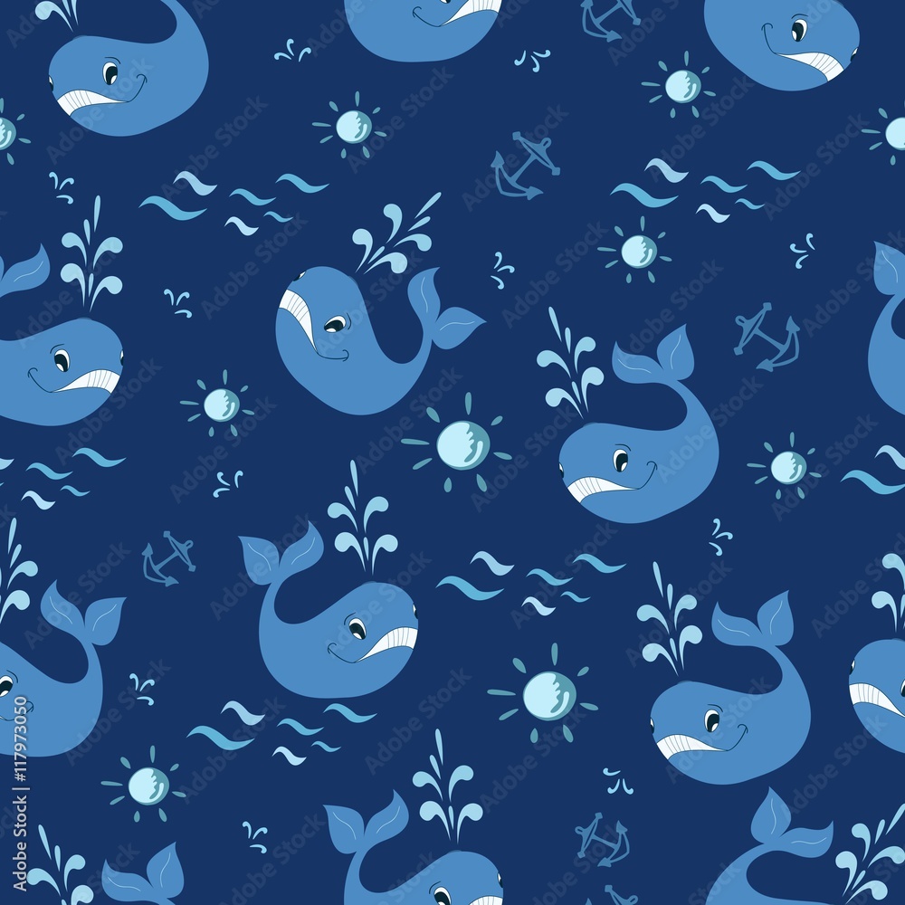 Seamless pattern with cartoon whale