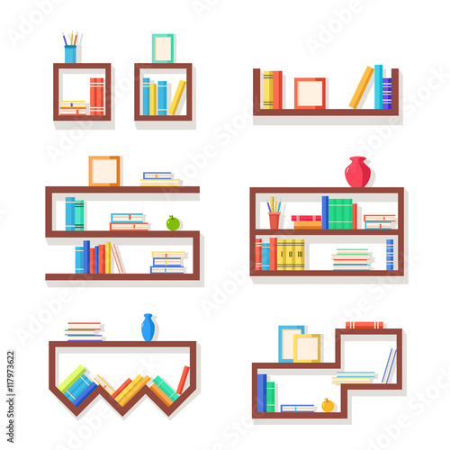 Set of bookshelves. Paper books. Vector flat illustration