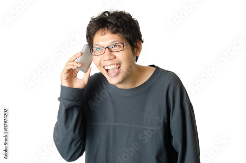 The man is happy when he talking on smart phone,isolated on white background