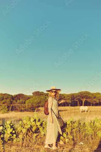 Back view of beautiful woman looking at horse standing near fence, sunny outdoors background © aquar