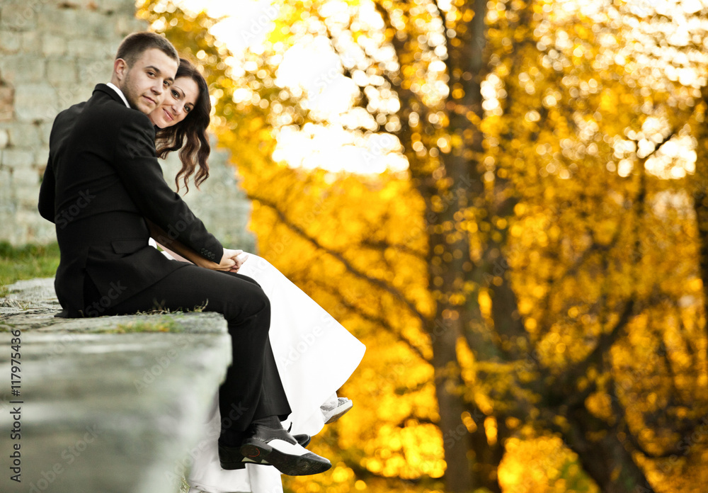 Happy newlyweds sit on the stone wall over the golden trees