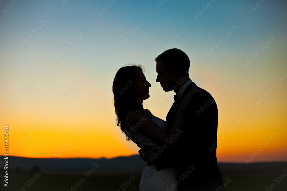 Silhouettes of a couple hugging in the lights of evening sun ove