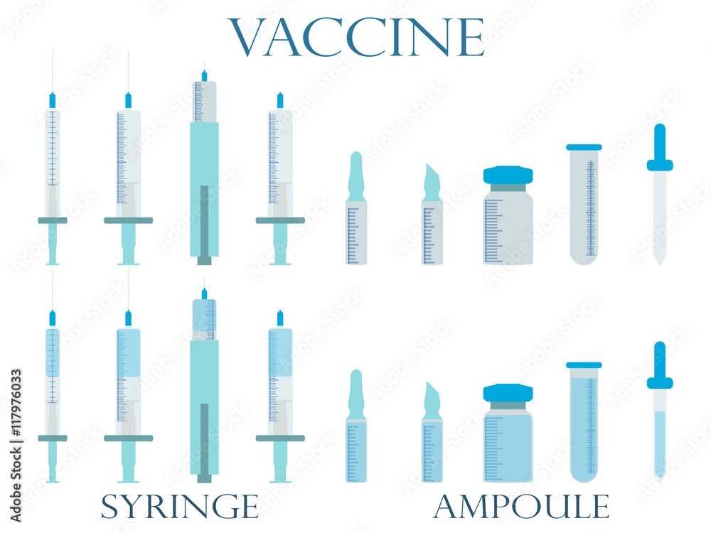Syringe and vials. Syringe and ampules. Vaccine. Set icons in line style. Vector.