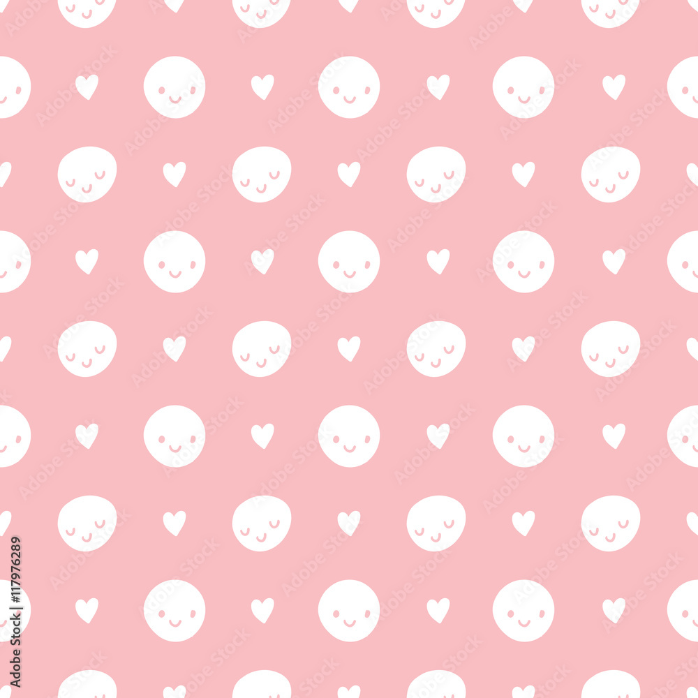 Vector seamless baby polka dots pattern with smileys. Pink and white colors Vector seamless baby polka dots pattern with smileys. Pink and white colors