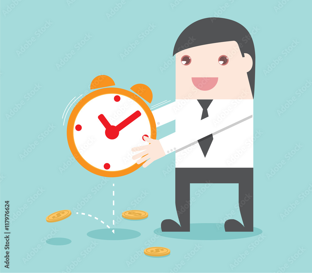 Businessman shake the clock to make money. businessman taking money from time. Flat design for business financial marketing banking advertisement web content character concept cartoon illustration.