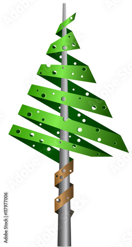 Christmas tree from green perforated ribbon on metal rod