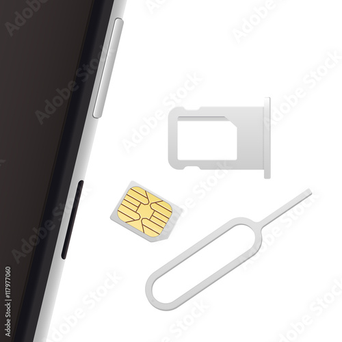 Smartphone, Small Nano Sim Card, Sim Card Tray and Eject Pin. Vector objects isolated on white. Realistic vector icons. Top view.