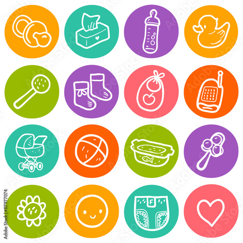 Vector illustration set with baby round icons. Children toys, diapering, feeding items, stroller, bath