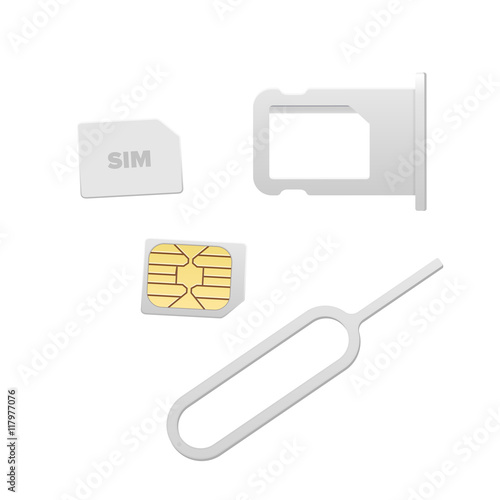 Small Nano Sim Card, Sim Card Tray and Eject Pin for Smartphone. Vector objects isolated on white. Realistic vector icons. Top view.