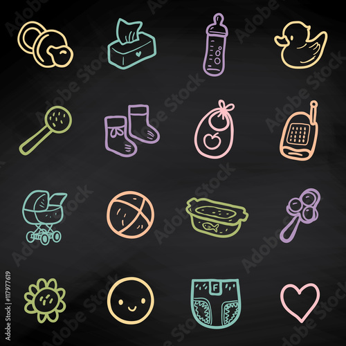 Vector set with sketchy baby icons. Linear illustration of children items on blackboard
