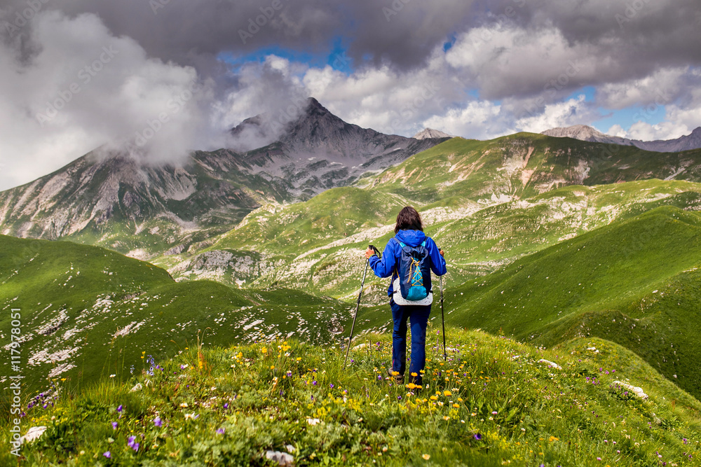 Fototapeta premium woman traveling on alpine meadow plateau