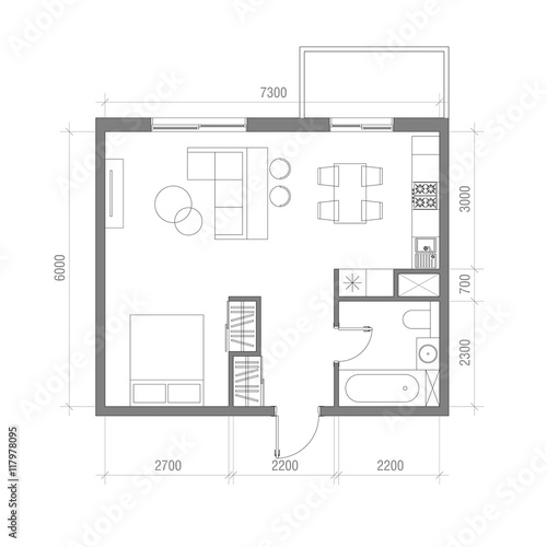 Architectural Floor Plan with Dimensions. Studio Apartment Vector Illustration. Top View Furniture Set. Living room, Kitchen, Bathroom. Sofa, Armchair, Bed, Dining Table, Chair, Carpet.