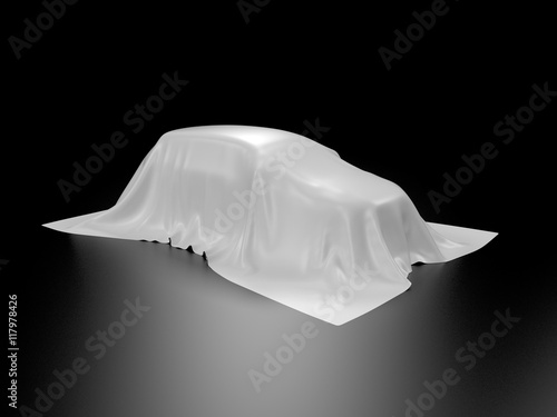 Presentation of the new car. Car covered with a white cloth. On black background with reflection. 3d illustration