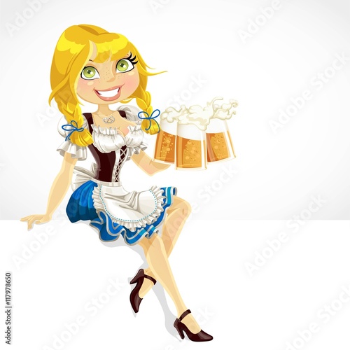 Pretty Blond with a glass Oktoberfest beer sit on white banner