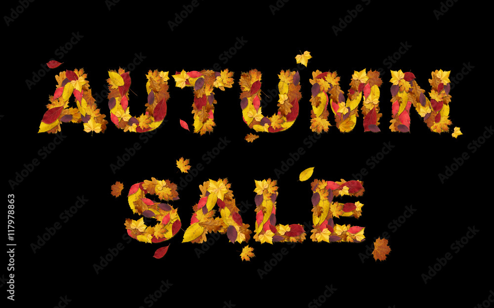 Word autumn sale made of autumn leaves isolated on black. Autumn sale banner.