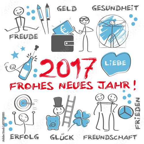 2017 Frohes neues Jahr illustrierte Grußkarte mit Symbolen