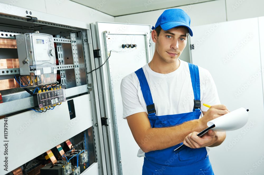 electrician engineer worker with blueprint project electrician engineer worker with blueprint project