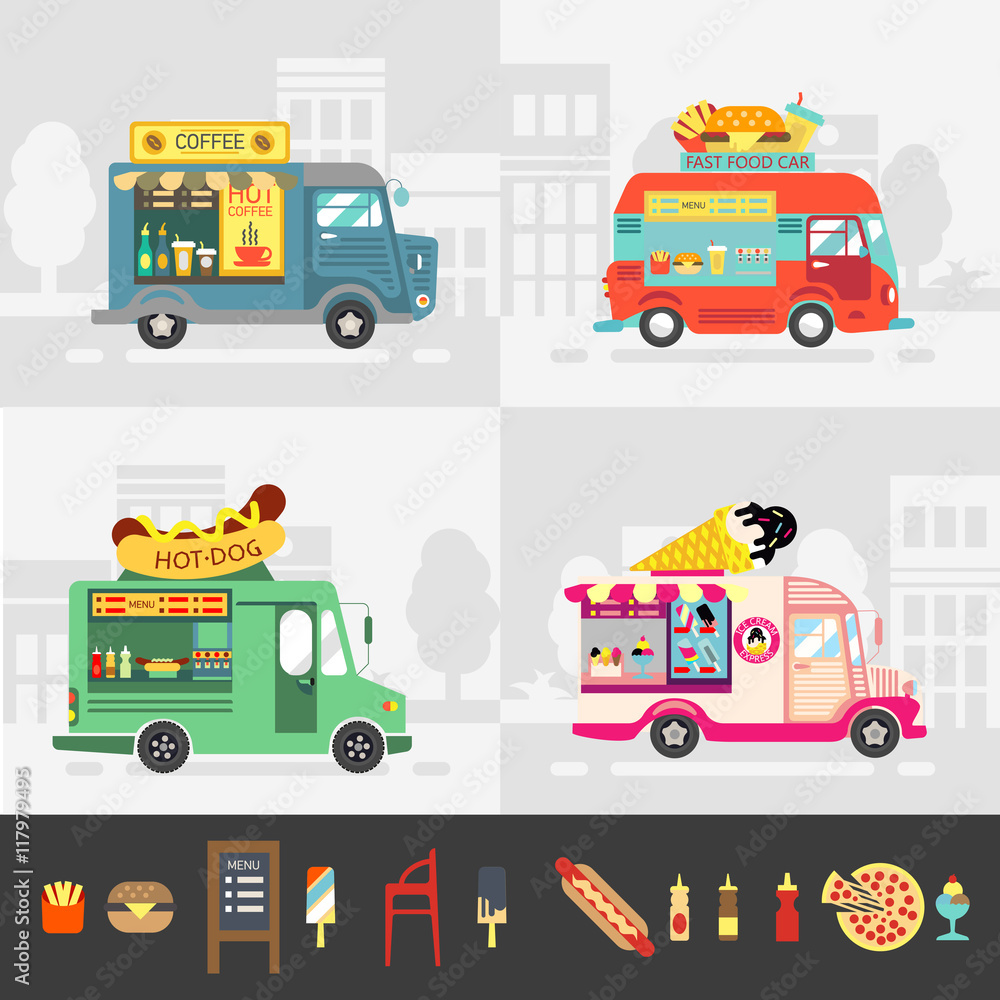 Food truck set, street food vector design. Food truck set, street food vector design.