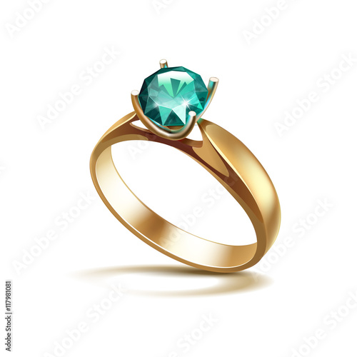 Gold Engagement Ring with Emerald Shiny Clear Diamond Close up Isolated on White Background