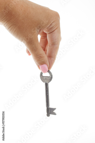 Women hand give a key on white backround