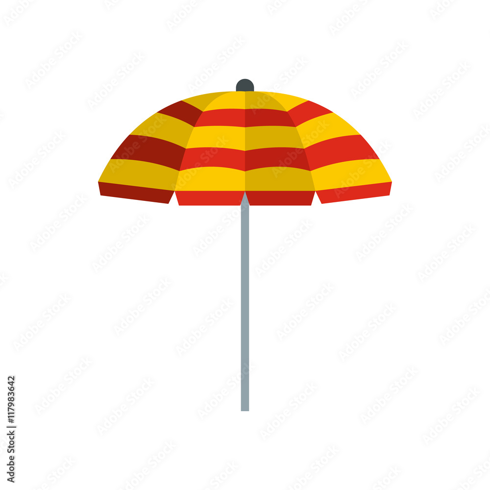 Yellow and red beach umbrella icon in flat style on a white background
