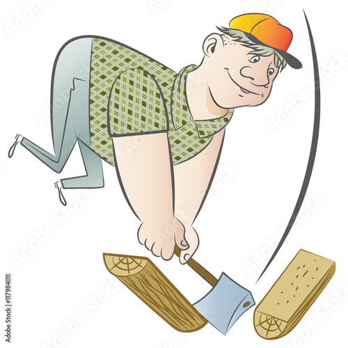Funny man chopping wood.