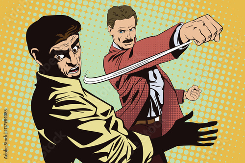 People in retro style. Fight of two men.