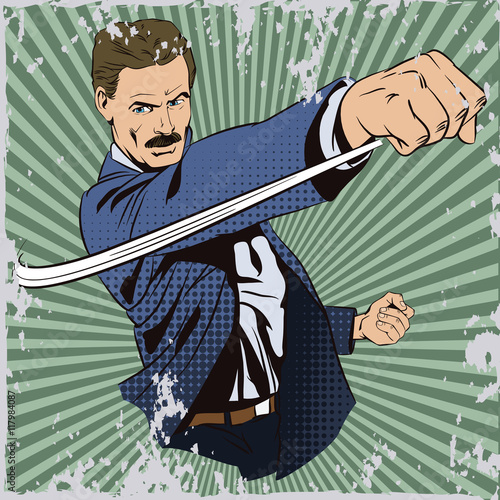 People in retro style. Man beats his fist.
