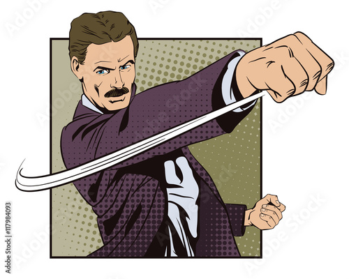 People in retro style. Man beats his fist.