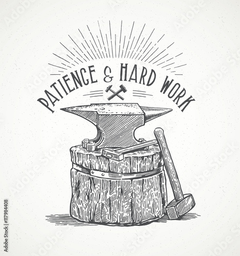 Blacksmith's anvil and inscription in graphic style. Hand drawn illustration.