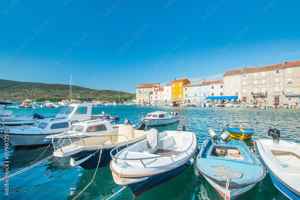     Boats in marine in town of Cres, waterfront, Island of Cres, Kvarner, Croatia 