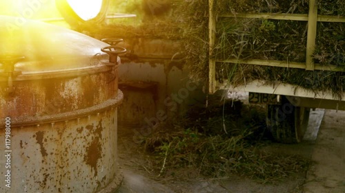 Steam distillation machine extracts the essential lavender oil against sunset sky.