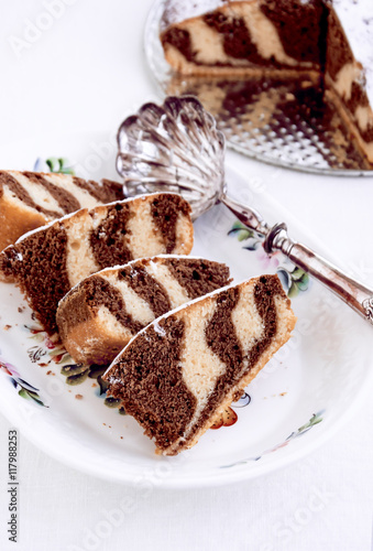 Piece of Zebra Marble Chocolate Cake, Close-up