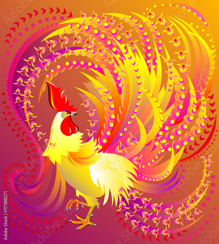 Illustration of beautiful fantasy fairyland rooster, vector cartoon image.