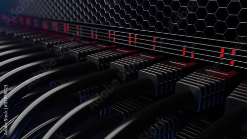 Rows of server wires, flashing lamps and connectors. CGI