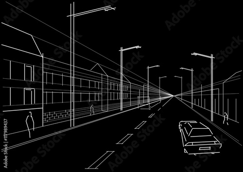 linear architectural sketch city street on black background