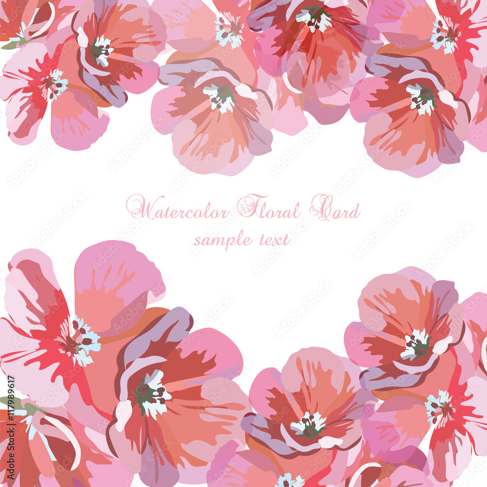 Naklejka premium Greeting card with pink watercolor flowers. Roses watercolor Invitation for wedding, birthday and other holiday. Summer background. Vector illustration floral poster