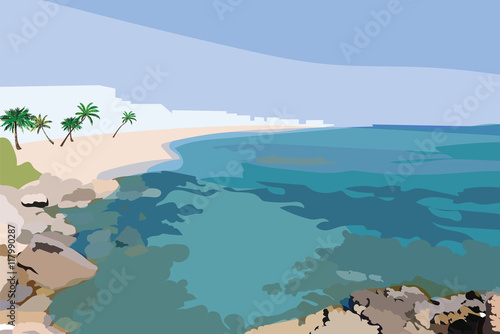 Exotic Island Paradise Beach. Summer Beach Tropics with Palm trees and flower...