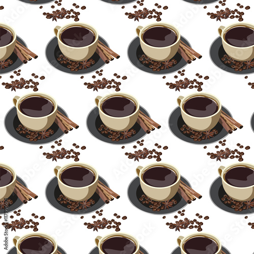 Cup of coffee with cinnamon pattern on white  background Vector