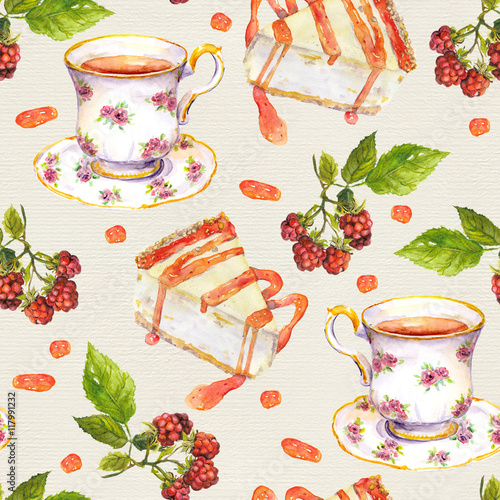 Seamless background - tea cup, berries, jam, cheese cakes. Watercolor